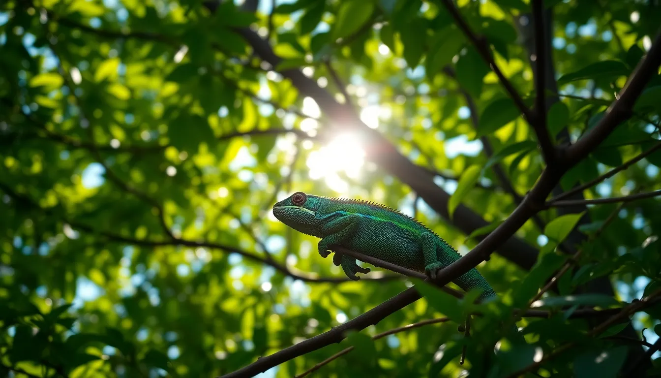 A captivating image of a chameleon perched amidst lush greenery, captured in dappled sunlight. The vibrant colors of the chameleon harmonize with its environment, showcasing its remarkable ability to blend in. This photo highlights the beauty of reptiles in their natural habitats, inviting viewers to appreciate the intricate details of their surroundings.