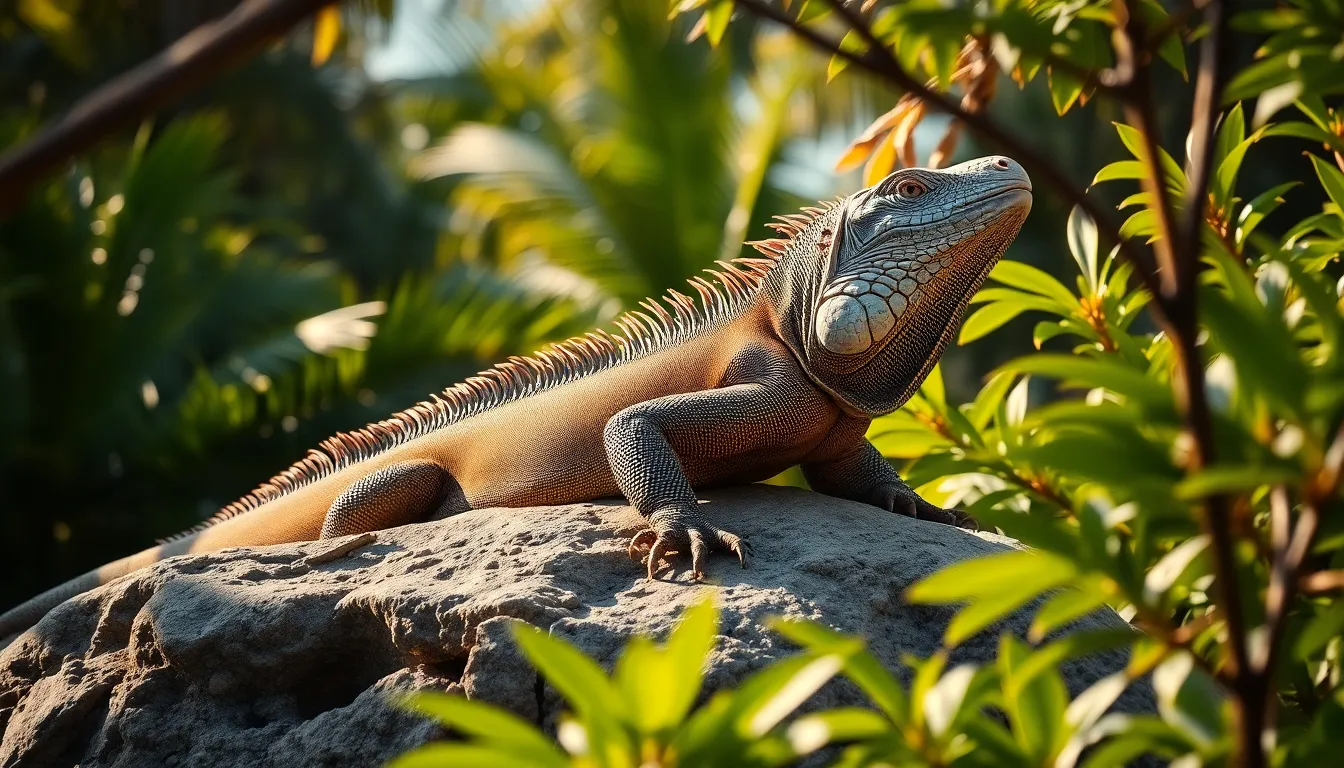 This remarkable image captures a majestic iguana basking serenely on a sunlit rock in a lush tropical environment. The vibrant greens and gentle afternoon light highlight the intricate details of the iguana's scales, while the scenery's depth creates an immersive experience. Leading lines formed by natural elements enhance the composition, drawing the viewer’s eye to the iguana’s poised presence. A true representation of reptile beauty in its natural habitat, perfect for nature lovers.