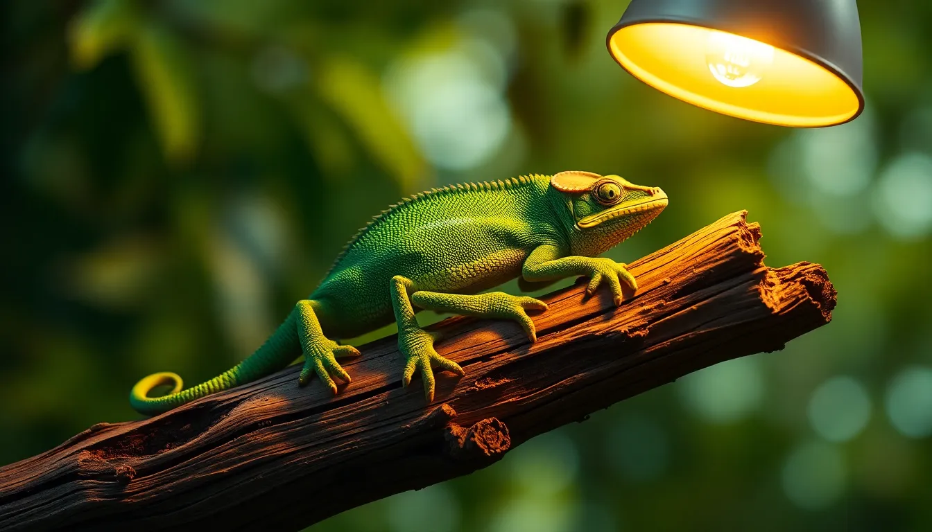 A stunning close-up of a vibrant green chameleon resting on a weathered oak branch, captured in warm tungsten light. The photo highlights the chameleon's intricate scale patterns, bringing out its vivid coloration against a softly blurred natural background. Positioned using the rule of thirds, the image draws the viewer's eye along the branch, inviting them to explore the textures of both the reptile and its environment. The warm tones create an inviting atmosphere, perfect for reptile enthusiasts.