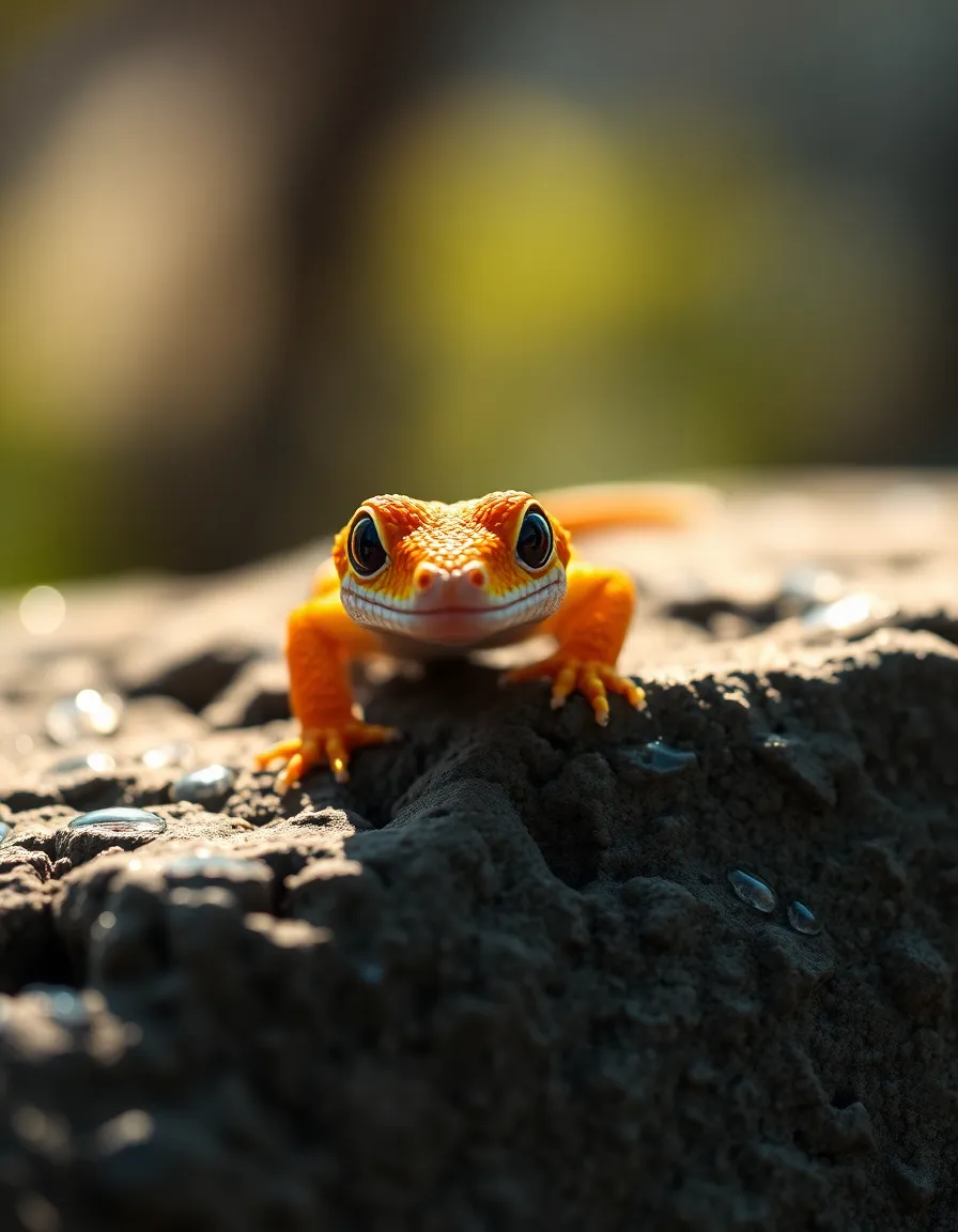 This exquisite macro image features a tiny, brightly colored gecko resting on a textured stone surface, illuminated by soft morning light. Dew droplets add a touch of freshness to the scene, enhancing the natural beauty. The selective focus on the gecko's eyes draws the viewer in, while a painterly bokeh in the background creates a dreamy atmosphere. The color palette incorporates muted earth tones, evoking a sense of tranquility and connection to nature.
