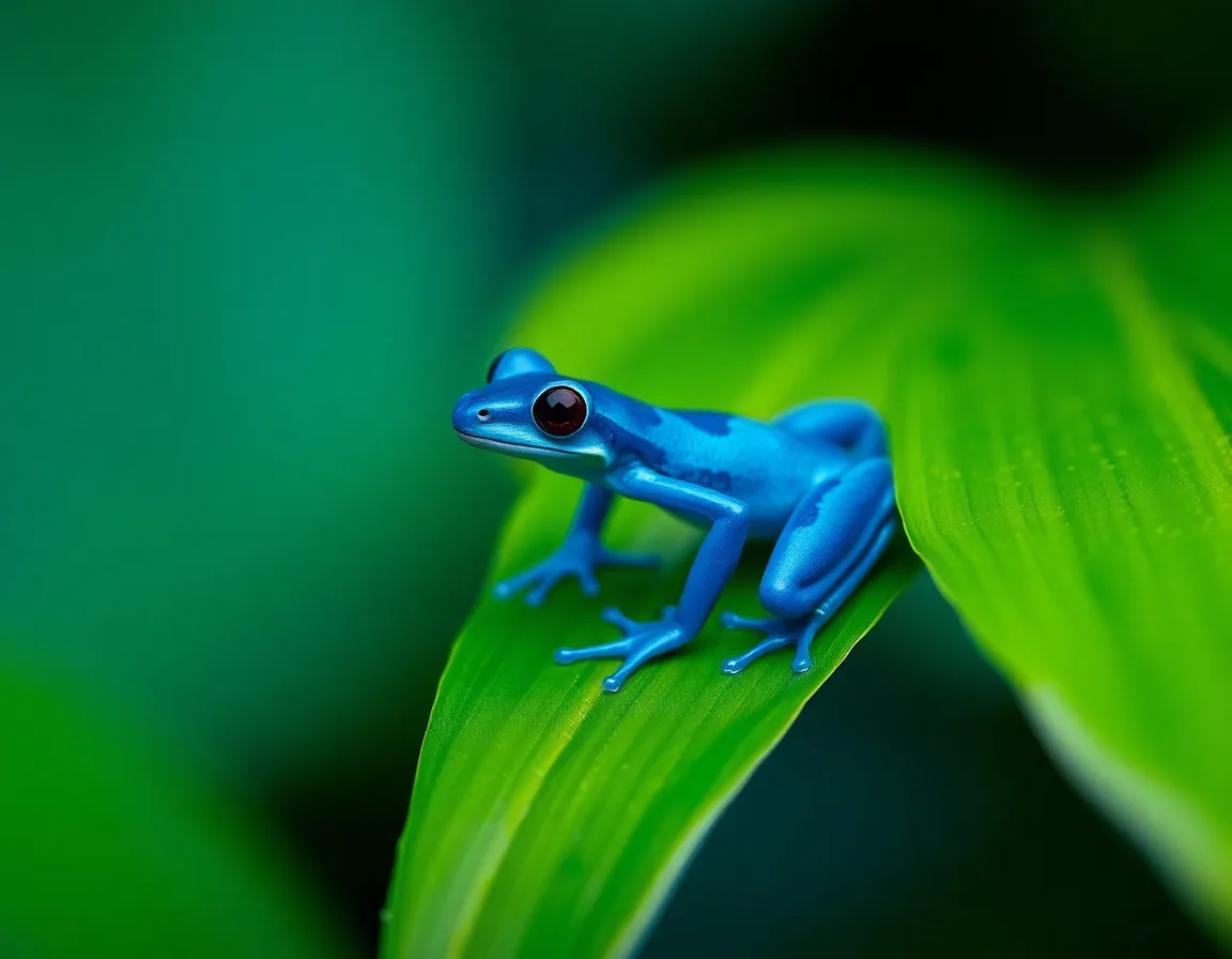 Captivating image of a vibrant blue poison dart frog perched gracefully on a large green leaf. The use of overcast diffused daylight beautifully illuminates the frog, enhancing its vivid colors while the surrounding foliage is softly blurred. This photograph showcases the intricate textures of both the frog and the leaf, with a macro lens that allows for stunning detail. The rich color palette combined with the selective focus creates a striking visual that draws the viewer's attention to this remarkable amphibian.
