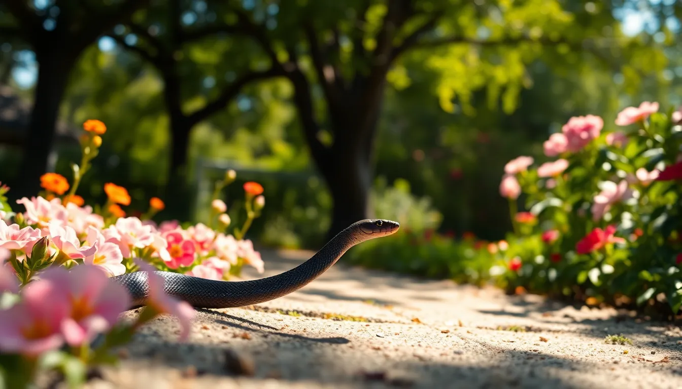 This enchanting image features a sleek black rat snake moving gracefully through a sunlit garden. Captured with natural lighting, the play of dappled sunlight and shadow enhances the scene’s beauty, illuminating the snake's glossy scales. The shallow depth of field focuses attention on the snake, which is artfully framed by vibrant garden blooms. Leading lines formed by the path draw the viewer's eye, creating a striking contrast between the snake and its colorful surroundings.