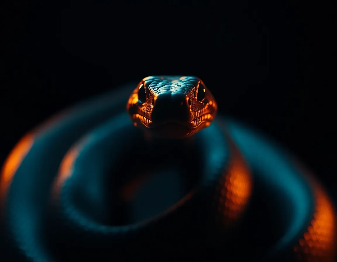 Elegant Snake in Dramatic Light A stunning portrait of an elegant snake basking in the warm glow of golden hour. The image captures the graceful curves of its body, expertly highlighted by warm rim light that accentuates its scales. The selective focus draws attention to the snake's head, while a dark, blurred background creates a sense of depth and drama. The overall cinematic feel invites viewers to appreciate the beauty of this remarkable reptile.