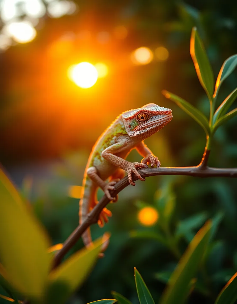 A stunning chameleon is elegantly positioned on a branch, perfectly illuminated by the warm golden hour light. This detailed image captures the vibrant colors and textures of the creature’s skin, surrounded by rich green foliage. The composition is symmetrical, balancing the subject against the natural elements, creating a harmonious scene that enhances the chameleon's captivating features.