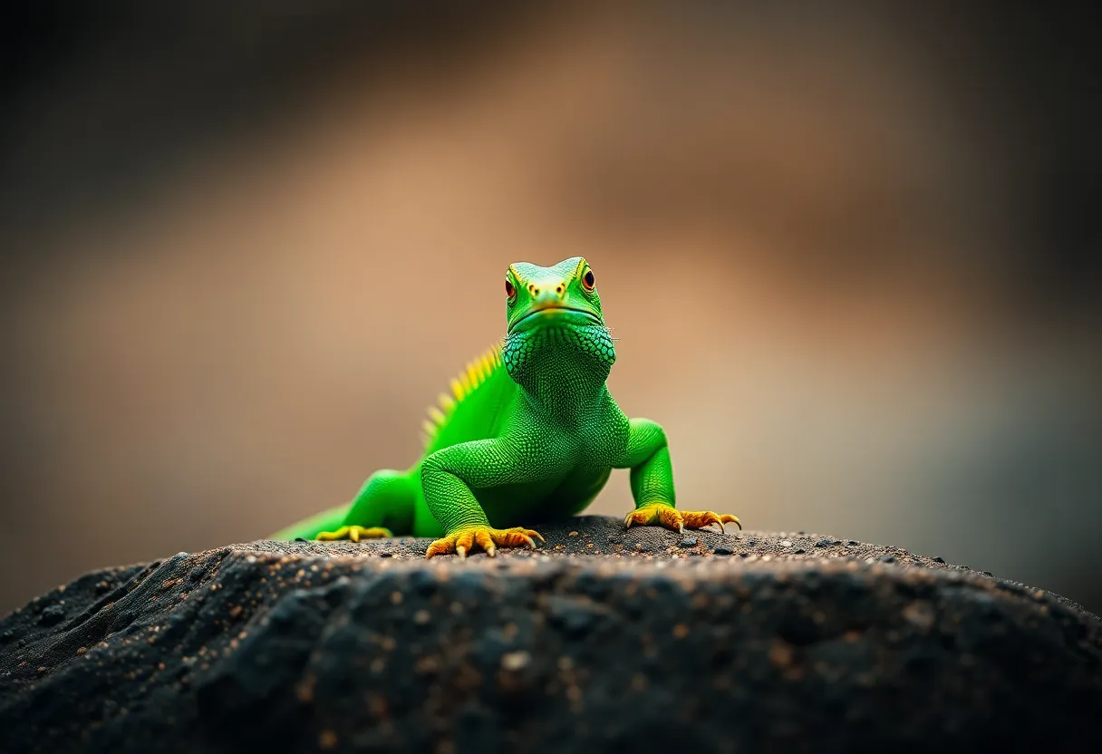 This close-up photograph of a green iguana showcases its vibrant emerald scales and captivating texture. Captured under soft overcast light, the selective focus emphasizes the intricate details of the reptile's skin. The composition is centered and symmetrical, creating a calm and balanced feel. The cinematic color grading enhances the rich greens and earthy tones, perfect for captivating wildlife enthusiasts.
