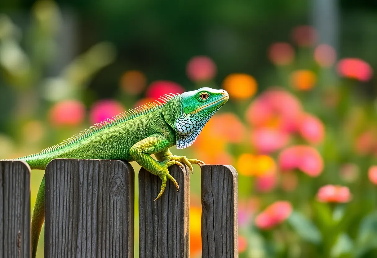 A serene image of a vibrant green iguana basking comfortably on an old wooden fence, captured in soft diffused daylight. The iguana's intricate scales are accentuated against a softly blurred background, creating a peaceful atmosphere. The earthy color palette blends the iguana into its natural surroundings, while the composition employs the rule of thirds to draw the viewer's gaze along the fence. This image is perfect for showcasing the beauty and calmness of these remarkable reptiles in their habitat.