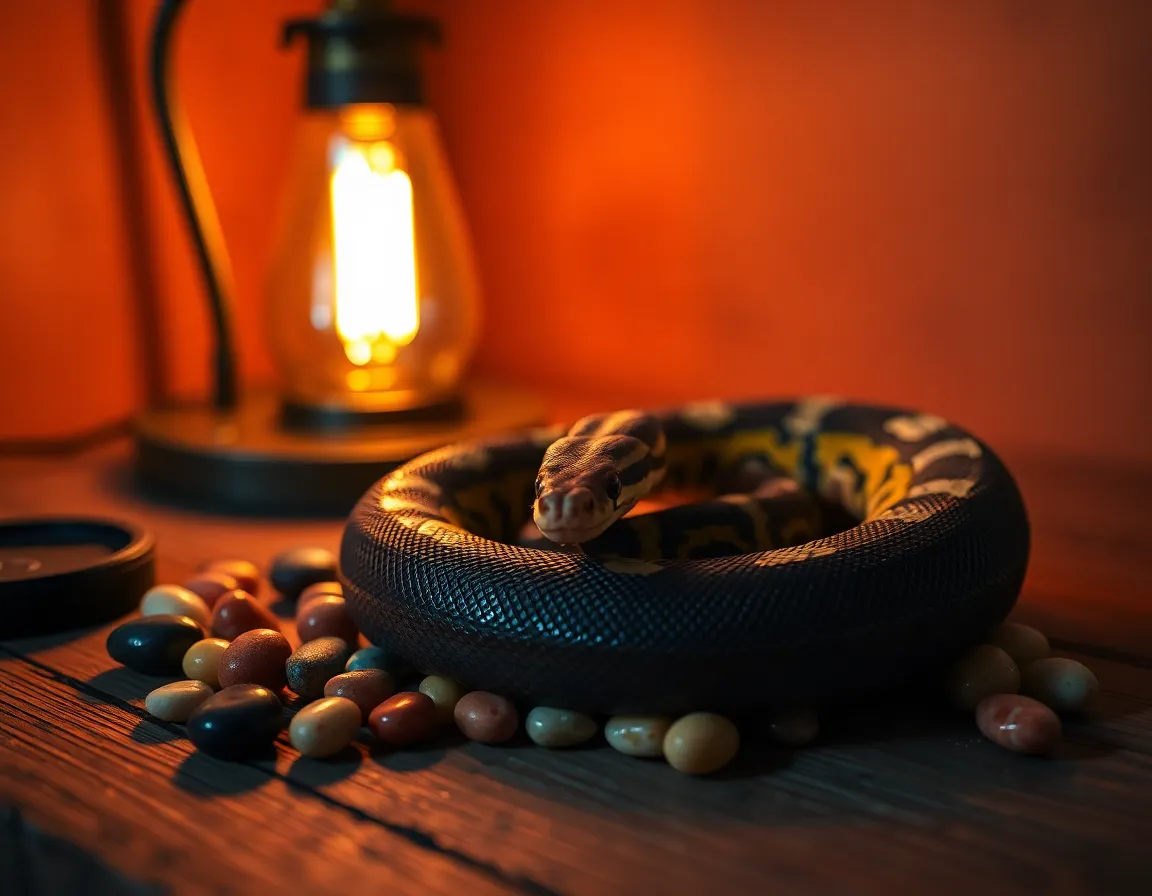 This intimate close-up captures a beautiful ball python elegantly coiled among an arrangement of colorful pebbles on a textured wooden table. The warm glow from a vintage tungsten lamp creates a cozy atmosphere, enhancing the snake's rich patterns and colors. A shallow depth of field draws attention to the intricate details of the snake's scales while softly blurring the background. The overall palette of earthy tones complemented by warm highlights creates an inviting and natural feel.