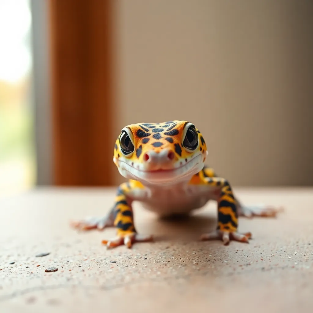 This captivating close-up showcases a colorful leopard gecko resting on a smooth stone surface. Bathed in soft, diffused natural light, its vibrant patterns and textures come to life against warm earthy tones. The shallow depth of field draws attention to the gecko's curious expression, creating an intimate connection with viewers. The composition engages the eye, making it an excellent choice for reptile and pet photography.