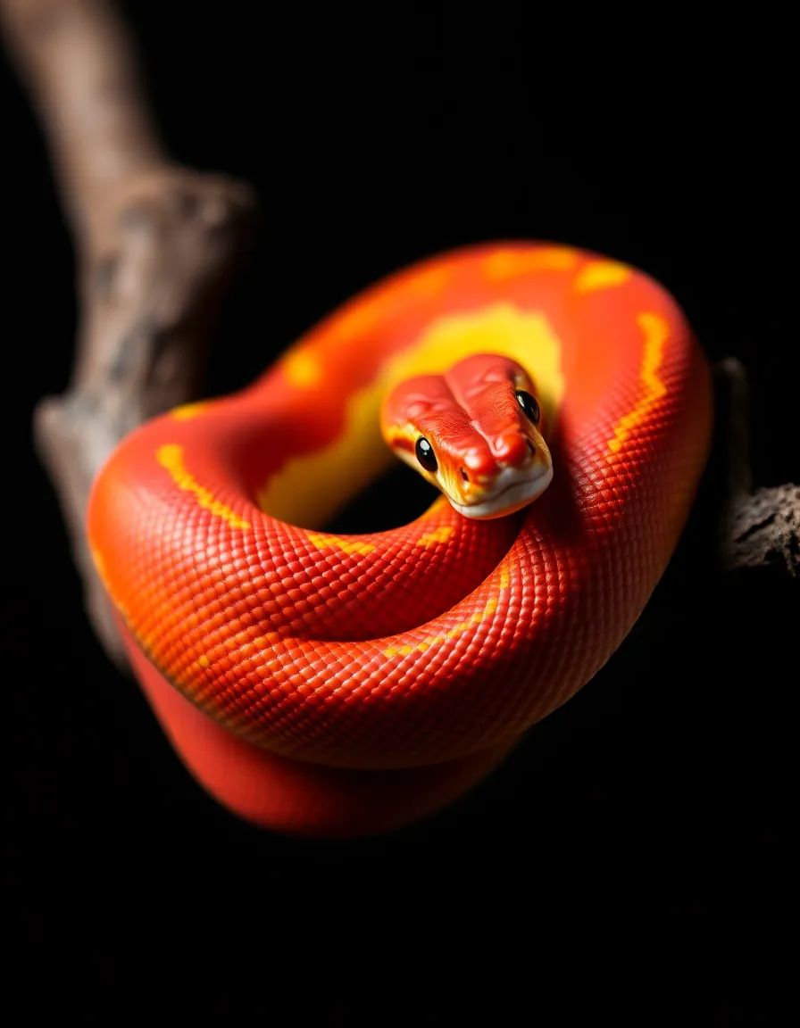 This striking image features a close-up view of a vibrant corn snake, gracefully coiled around a textured branch. Illuminated with soft studio lighting, the snake's brilliant colors of red, orange, and yellow are beautifully accentuated against a muted background. The shallow depth of field draws the viewer's eye directly to the intricate patterns of the snake's scales, showcasing its natural beauty. This composition creates a compelling and detailed portrait that highlights the elegance of this reptile species.