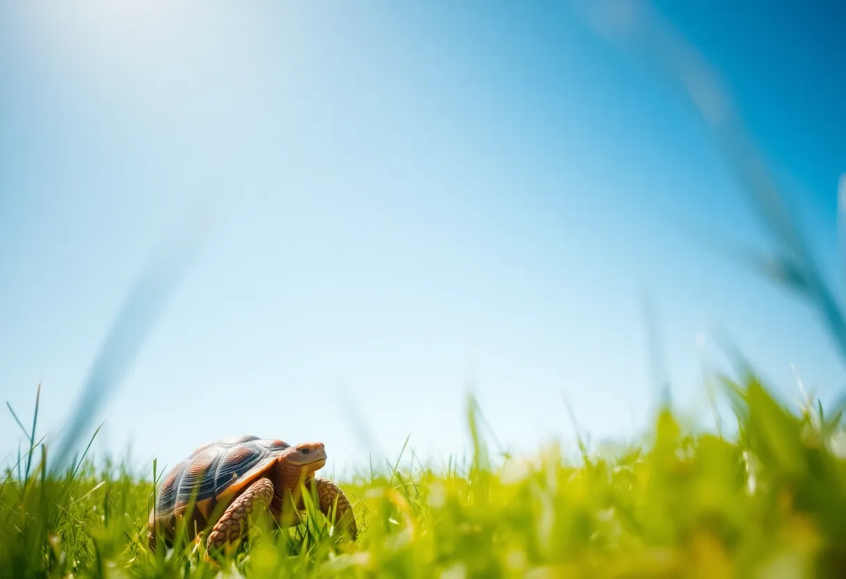 This charming image showcases a playful tortoise exploring a vibrant grassy field under a clear blue sky. The soft sunlight reveals the rich textures and patterns of its shell, illuminating its natural beauty. A narrow depth of field keeps the tortoise in crisp focus while the lush grass subtly blurs, enhancing the sense of tranquility. The diagonal composition invites viewers into a scene of curiosity and exploration, a delightful representation of reptilian life.
