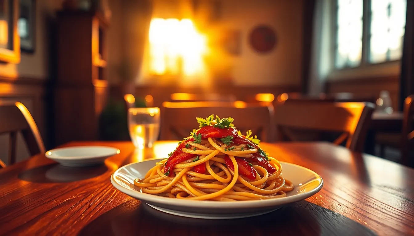 This image showcases a beautifully arranged gourmet pasta dish in a warm and inviting restaurant setting. The golden hour light creates a soft ambiance, highlighting the vibrant colors of the dish and the natural wood textures of the table. The inviting atmosphere is complemented by the creamy sauce and fresh herbs, drawing attention in a cozy dining space. The warm tones and exquisite composition capture the essence of fine dining.