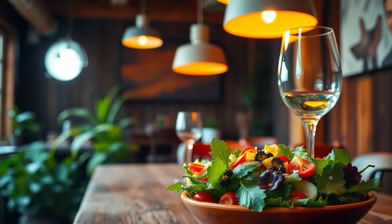 Elegant Restaurant Table Setting with Salad and Wine