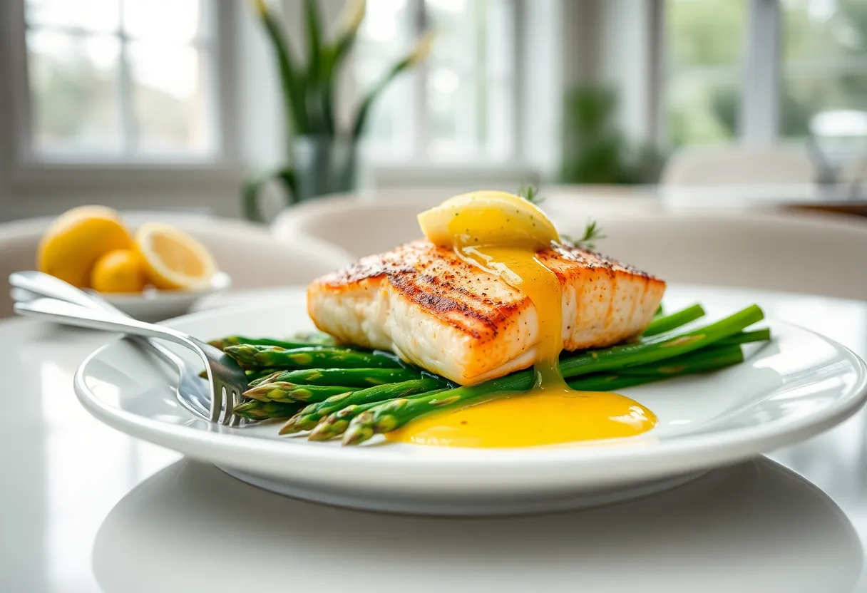 This image features a meticulously plated salmon dish accentuated by fresh asparagus and a luxurious lemon beurre blanc. Soft, diffused daylight filters through large restaurant windows, creating an inviting atmosphere. The composition is centered, highlighting the exquisite details and textures of the dish. The color palette combines fresh greens and rich golden hues, showcasing culinary artistry in a modern setting.