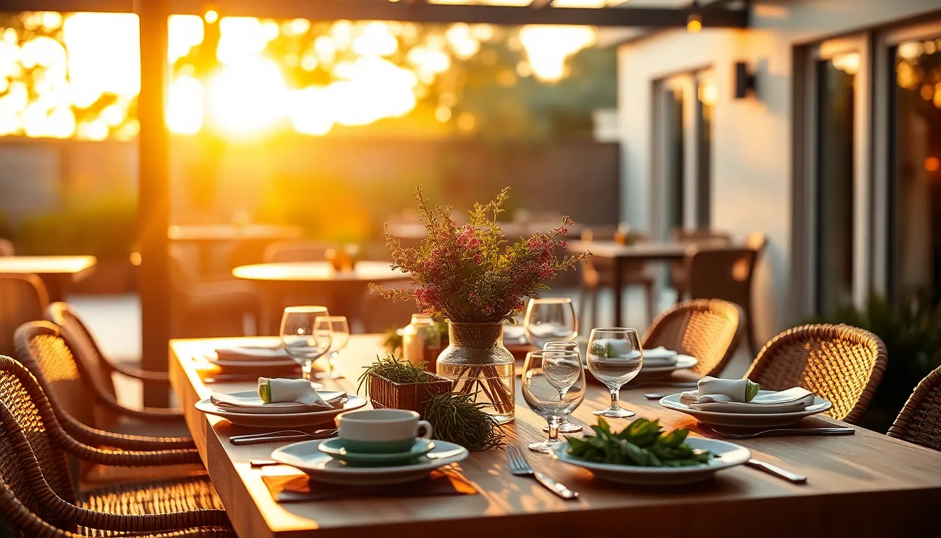 This image showcases a beautifully arranged outdoor dining setup amidst nature during the enchanting golden hour. Soft warm light backlights floral arrangements and elegant dishware, creating a serene and inviting mood. The composition balances the table with its surroundings, utilizing a shallow depth of field to keep focus on the captivating details. The color palette features muted earth tones, perfect for a sophisticated outdoor dining experience.