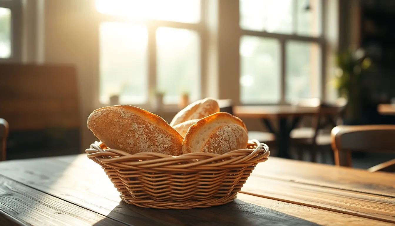 An artisan bread basket captures the beauty of handcrafted food in a warm, inviting restaurant setting. Shot with a Leica Q3, the natural afternoon light filters through large windows, creating a soft, atmospheric feel. The shallow depth of field highlights the detailed texture of the crust and the fluffy bread inside. With a composition that employs diagonal lines, the image draws the viewer's eye across the rustic wooden table, showcasing the artisanal quality of the bread.