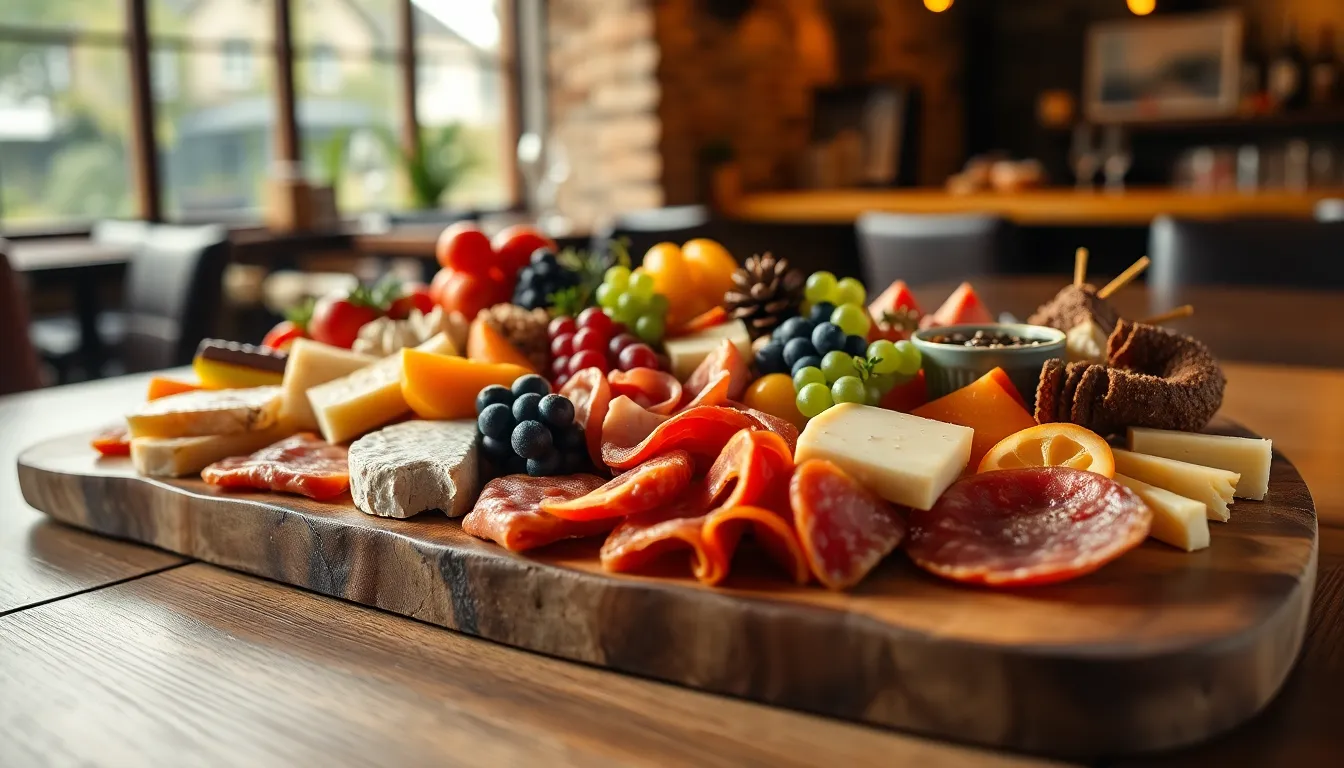 This vibrant image highlights an artfully arranged charcuterie board set in a rustic restaurant ambiance. The warm tungsten lighting enhances the colors of the cheeses, meats, and fruits, showcasing the variety in an inviting way. The hyperfocal depth captures every detail, allowing the rich textures and colors to come alive. The visually enticing presentation draws the viewer's attention across the board, encapsulating the joy of sharing gourmet food experiences.