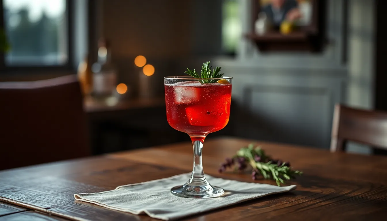 A signature cocktail placed elegantly on a rustic wooden table captures the essence of a sophisticated restaurant atmosphere. Taken with a Hasselblad X2D 100C, the soft evening light creates gentle shadows and highlights the vibrant colors of the drink. The selective focus draws attention to the cocktail garnished with fresh herbs, while the textured linen napkin adds depth to the scene. This composed image portrays luxury dining at its finest.