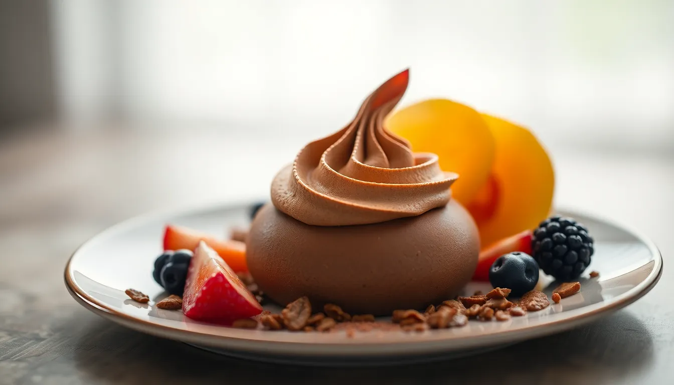 This exquisite image portrays a meticulously plated chocolate mousse dessert, bathed in soft natural light. The overcast conditions provide a gentle illumination that highlights the intricate details of the dessert, with delicate fruit accents adding a splash of color. The shallow depth of field draws attention to the mousse's texture and artistry, while the dreamy background enhances the elegant presentation. This image captures the artistry and indulgence of fine dining desserts perfectly.