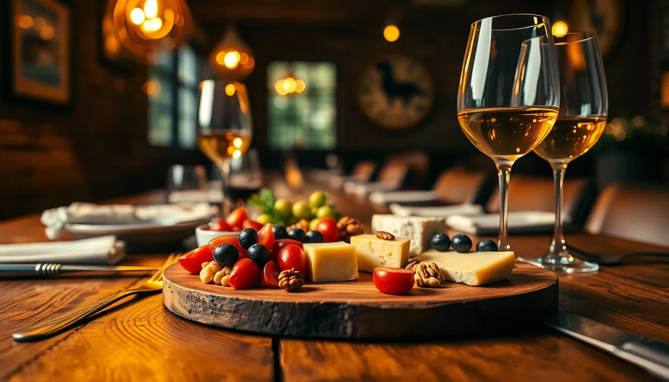 A beautifully arranged artisanal cheese board sits on a rustic wooden table, illuminated by warm tungsten lighting. The board is filled with a variety of cheeses, nuts, and fruits, creating a vibrant yet calming color palette. Shallow depth of field enhances the inviting atmosphere, softly blurring the background and emphasizing the delicacies. The setting reflects a cozy restaurant environment, perfect for intimate gatherings.