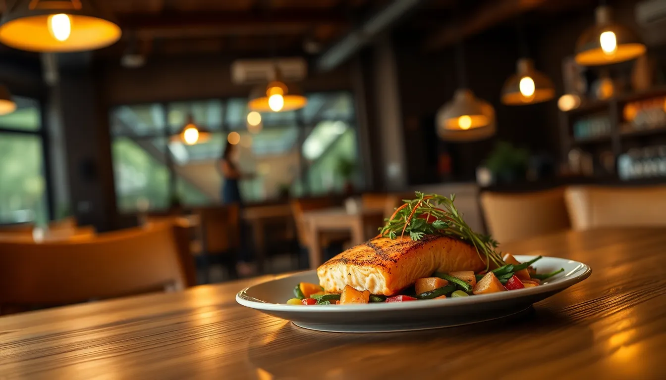 Gourmet Seared Salmon Plate in Cozy Restaurant