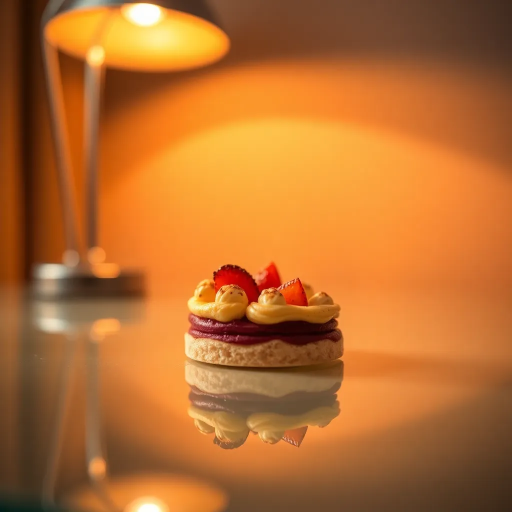 Delicate Dessert on Glass Table This exquisite macro shot features a delicate dessert on a polished glass table, brilliantly illuminated by a warm tungsten lamp. The dessert's intricate details and vibrant colors pop against the soft background bokeh, creating a sense of intimacy. The polished surface reflects gentle highlights, adding elegance to the composition. This image invites viewers to appreciate the craftsmanship and beauty of the dessert.