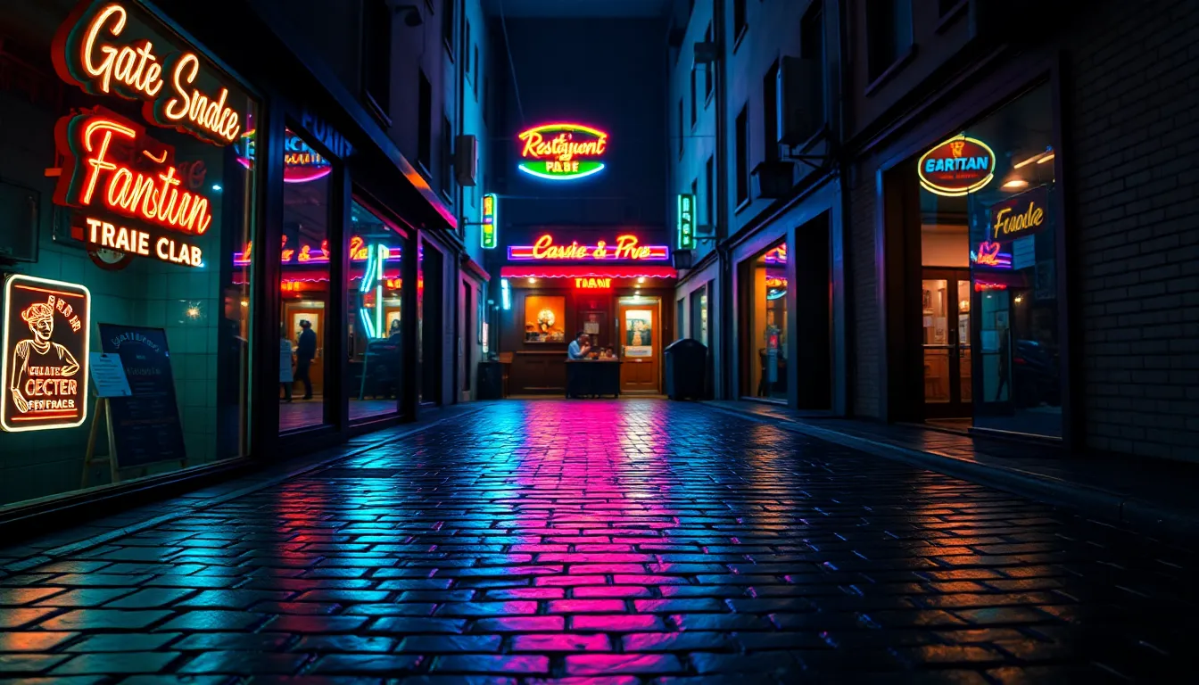 A vibrant restaurant entrance illuminated by neon signage reflects rich colors on wet cobblestones in an urban alleyway at night. Captured with a Fujifilm GFX 100S, the sharp focus highlights the intricate details of the cobblestone surface and the dynamic colors created by the neon lights. The cinematic teal and orange color grading enhances the mood, while the leading lines of the alleyway draw the viewer's eye toward the inviting entrance of the restaurant.