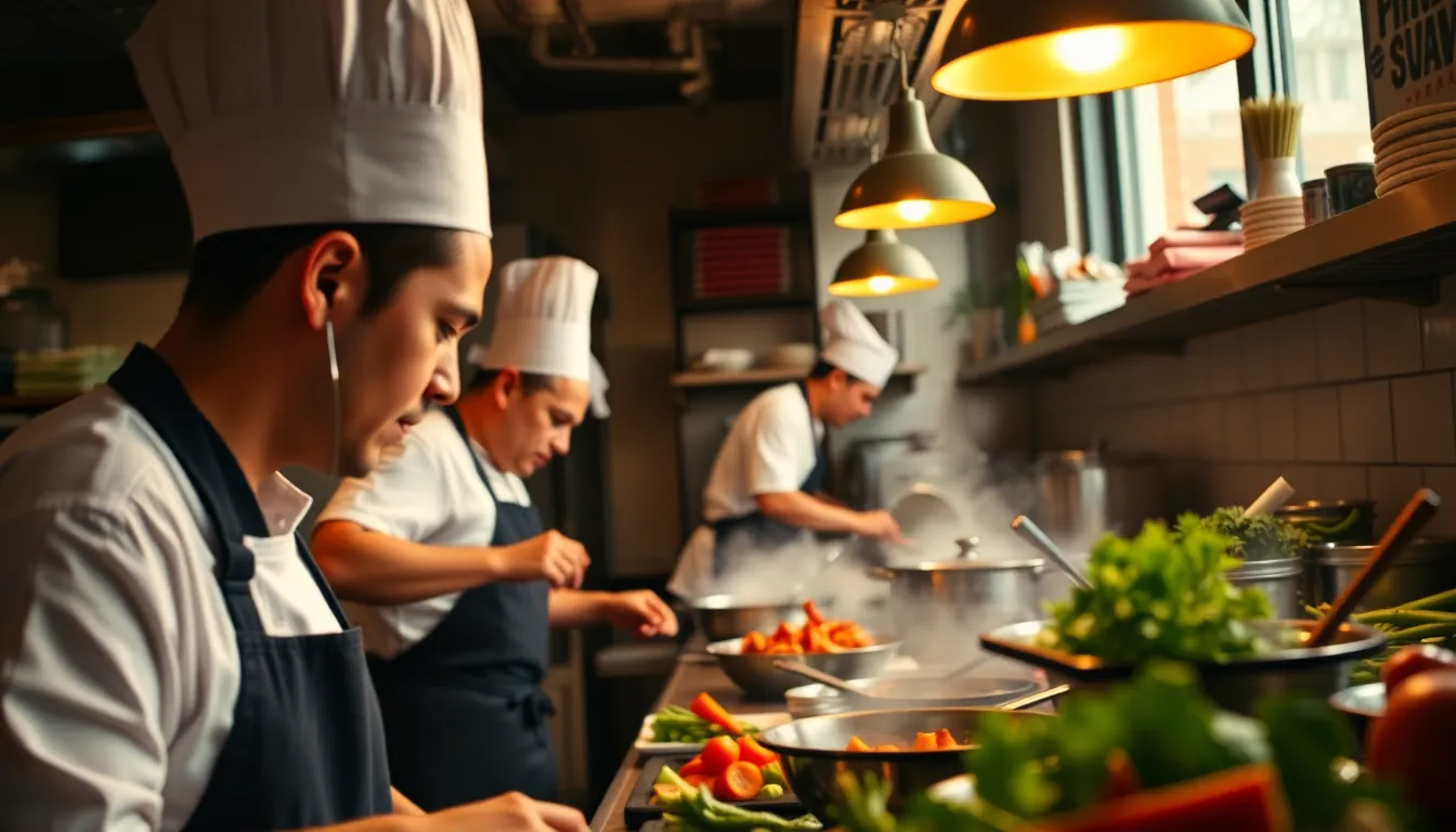 This vibrant image captures the hustle and bustle of a restaurant kitchen, showcasing chefs in action. Strong contrast between warm overhead lights and natural daylight highlights a flurry of activity around colorful ingredients and cooking tools. Shallow depth of field emphasizes the focused expressions of the chefs while the background blurs into a lively abstraction. The overall atmosphere conveys energy and culinary passion.
