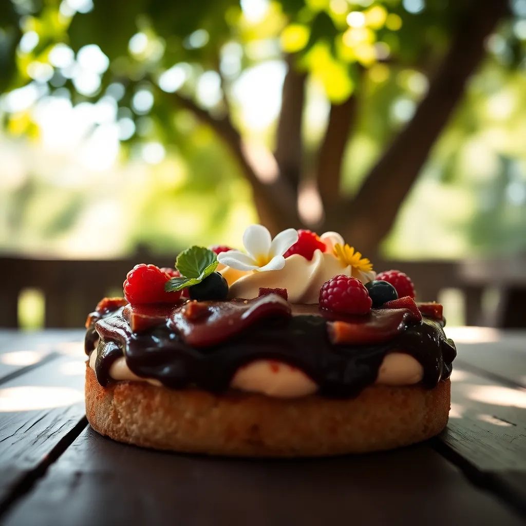 This close-up image reveals a decadent dessert beautifully arranged on a rustic wooden table, showcasing rich textures and vibrant colors. Dappled sunlight filters through leaves, enhancing the warm tones and creamy highlights of the dessert. With an extremely shallow depth of field, the background melts into a soft bokeh, drawing the viewer's focus directly to the intricate garnishes. The symmetrical composition highlights the artistry of this indulgent treat.