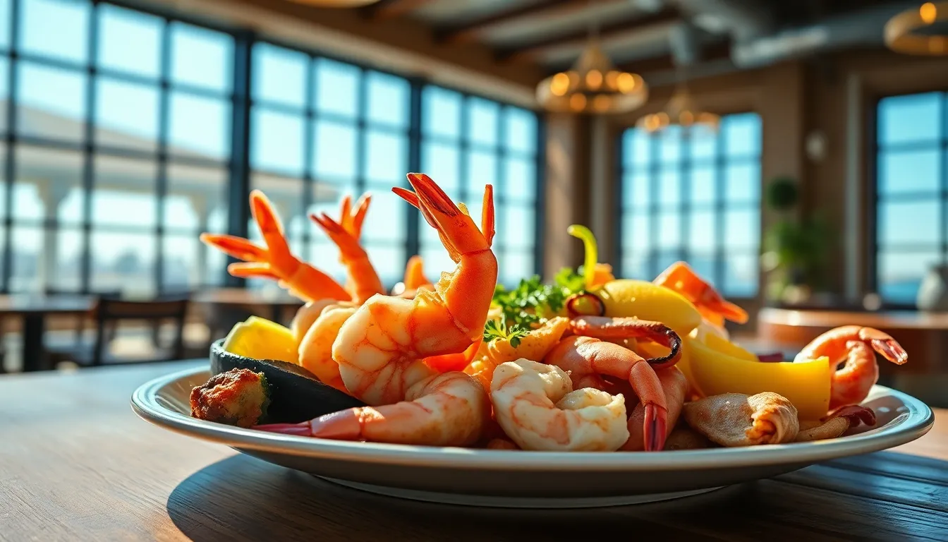 This stunning image features a vibrant seafood platter, beautifully arranged and drenched in natural light from the large windows of the restaurant. The rich colors of the dish pop against the rustic wooden table, showcasing the freshness of the shrimp, crab, and fish. Bright blues and pastel tones create an inviting oceanic ambiance, while the hyper-focal depth provides clarity throughout. This composition perfectly captures the essence of freshness and fine cuisine.