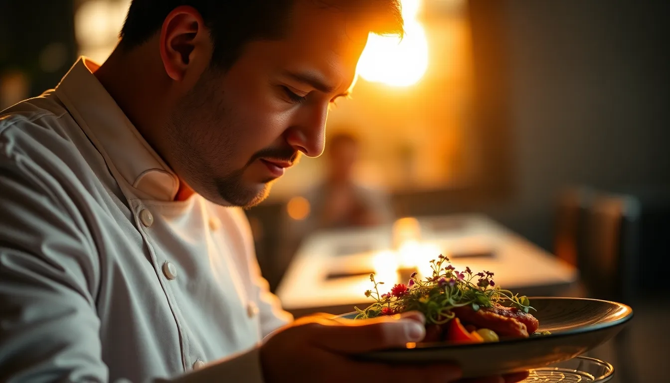 Chef Plating a Gourmet Dish at Sunset