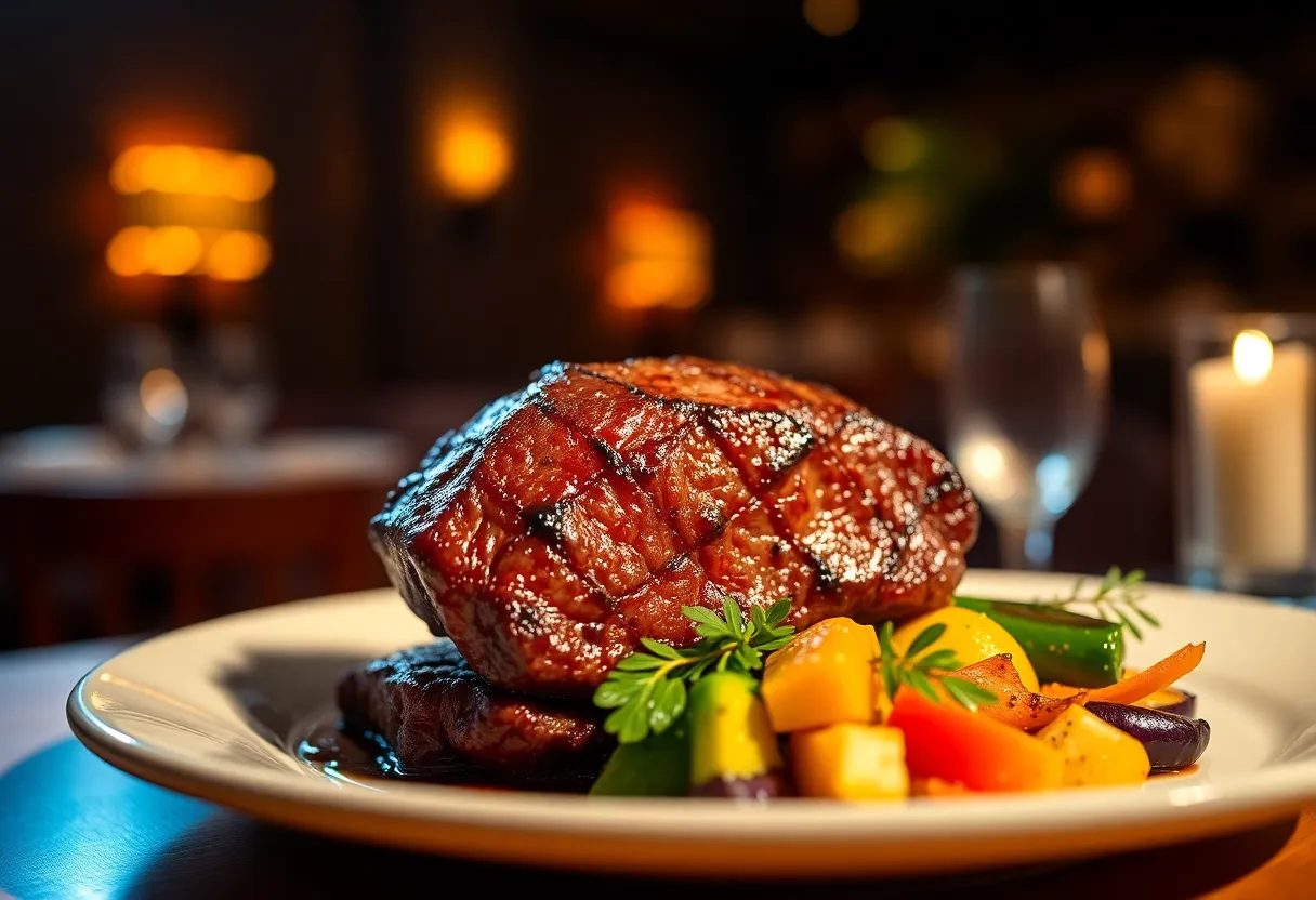 Gourmet Steak Plated Elegantly in Upscale Restaurant This striking image captures an elegantly plated gourmet steak at a high-end restaurant. Dramatic Rembrandt lighting accentuates the juiciness and texture of the steak, while seasonal vegetables add bright color to the composition. The shallow depth of field creates a beautiful bokeh effect in the background, focusing attention on the artistry of the dish. With natural hues and a refined presentation, this image embodies culinary excellence.