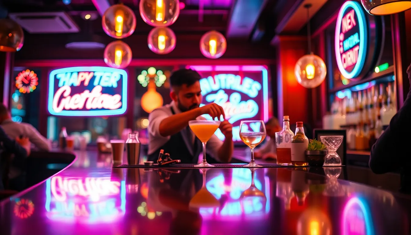 Bartender Mixing Cocktails at a Neon Bar