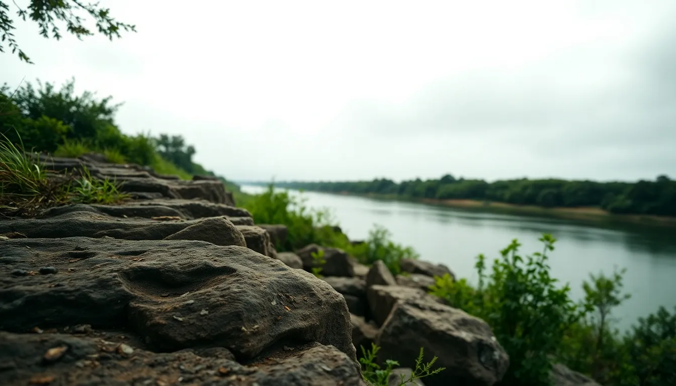 A tranquil view of a serene riverbank during an overcast day, where the soft water reflects the muted tones of the sky. The river curves gracefully, flanked by weathered rocks and lush greenery, creating a peaceful atmosphere. The leading lines guide the viewer's eye toward the horizon, enhancing the depth of the scene. The understated color palette evokes calmness and connection with nature.