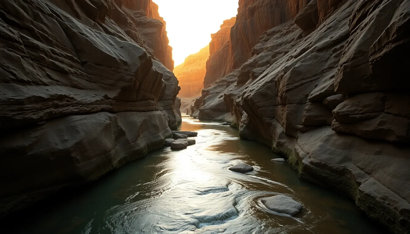 This breathtaking scene features a tranquil river meandering through a majestic rocky canyon, illuminated by the soft glow of the golden hour. The warm rim light accentuates the textures of the canyon walls, while the reflections on the water create a harmonious balance. The composition's symmetry draws the viewer's eye to the serene flow of the river. Natural, muted tones set the mood, showcasing the raw beauty of the wilderness.