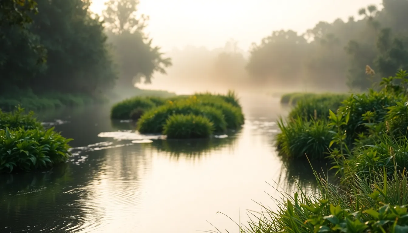 This image captures a tranquil river gently winding through a vibrant green landscape under soft morning light. The delicate mist adds a serene atmosphere, with the shallow focus emphasizing the soft ripples of the water. Natural muted tones highlight the lush foliage and dewdrops on the grass. The composition utilizes leading lines to draw the viewer's eye into the scene.