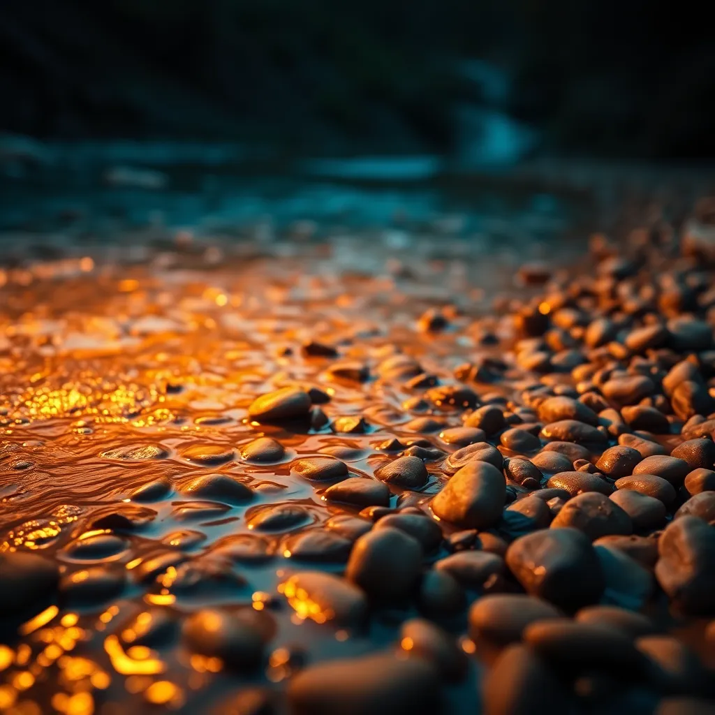 This close-up shot reveals the intricate details of a riverbed, showcasing smooth pebbles and the gentle flow of water. The warm tungsten light highlights the textures of the stones, creating a warm contrast against the cool tones of the water. The use of leading lines guides the viewer's gaze along the winding riverbank, emphasizing the natural beauty of this serene environment.