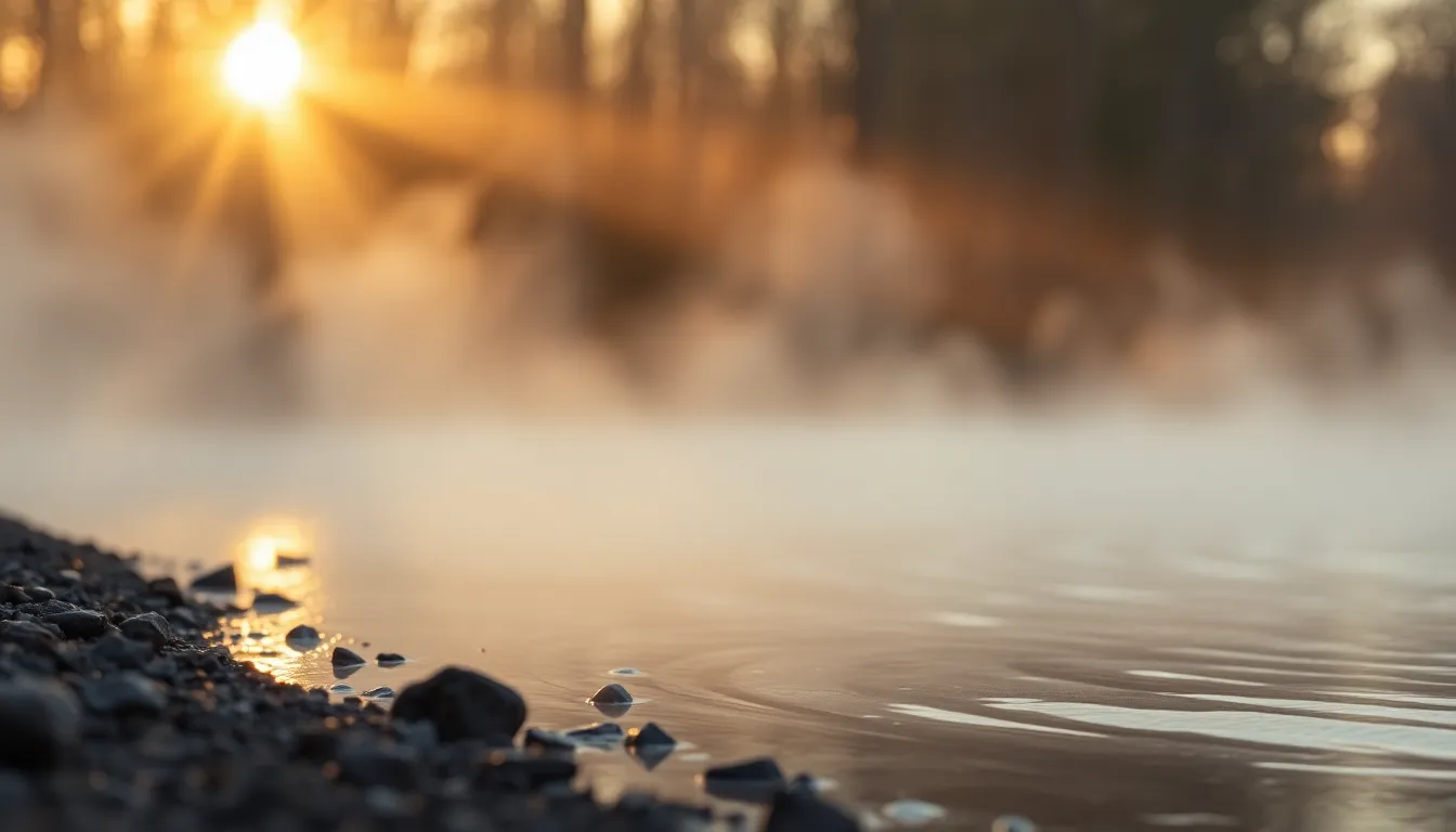 Morning Dew on Leaf Above River