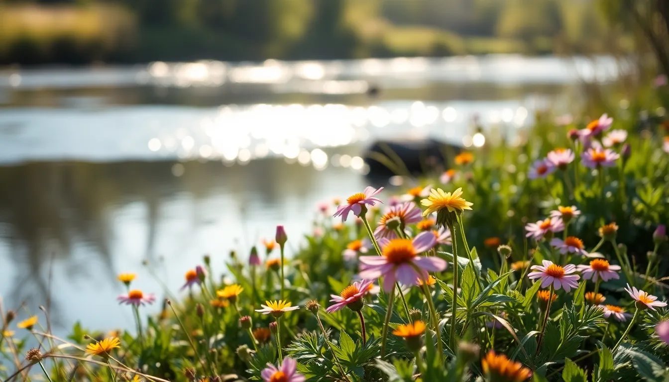 This beautiful macro shot highlights the delicate beauty of wildflowers lining a tranquil riverbank, bathed in soft morning light. The intricate details of the flowers contrast with the smooth, glistening surface of the river in the background. The gentle colors create a serene atmosphere, inviting viewers to appreciate nature's beauty. The composition emphasizes the vibrant flora, transitioning seamlessly to the calming waters, embodying a peaceful riverside experience.