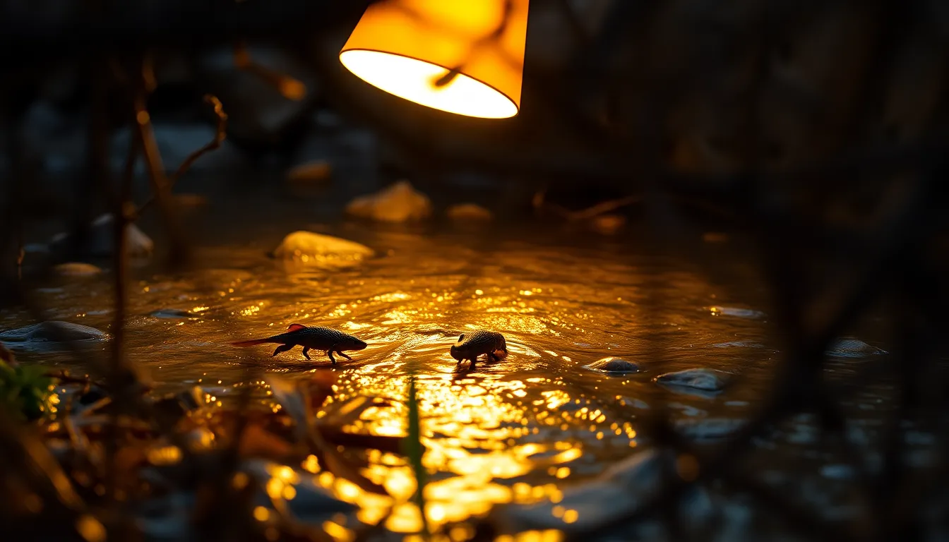 In this exquisite macro shot, the intricate details of river flora and fauna come to life under warm, directional light. With a shallow depth of field, the focus rests on the flora, showcasing textures and interactions with wildlife. Framed by overhanging branches, this image embodies the beauty of life along the riverbank, rendered in muted natural tones that highlight the scene's organic essence.