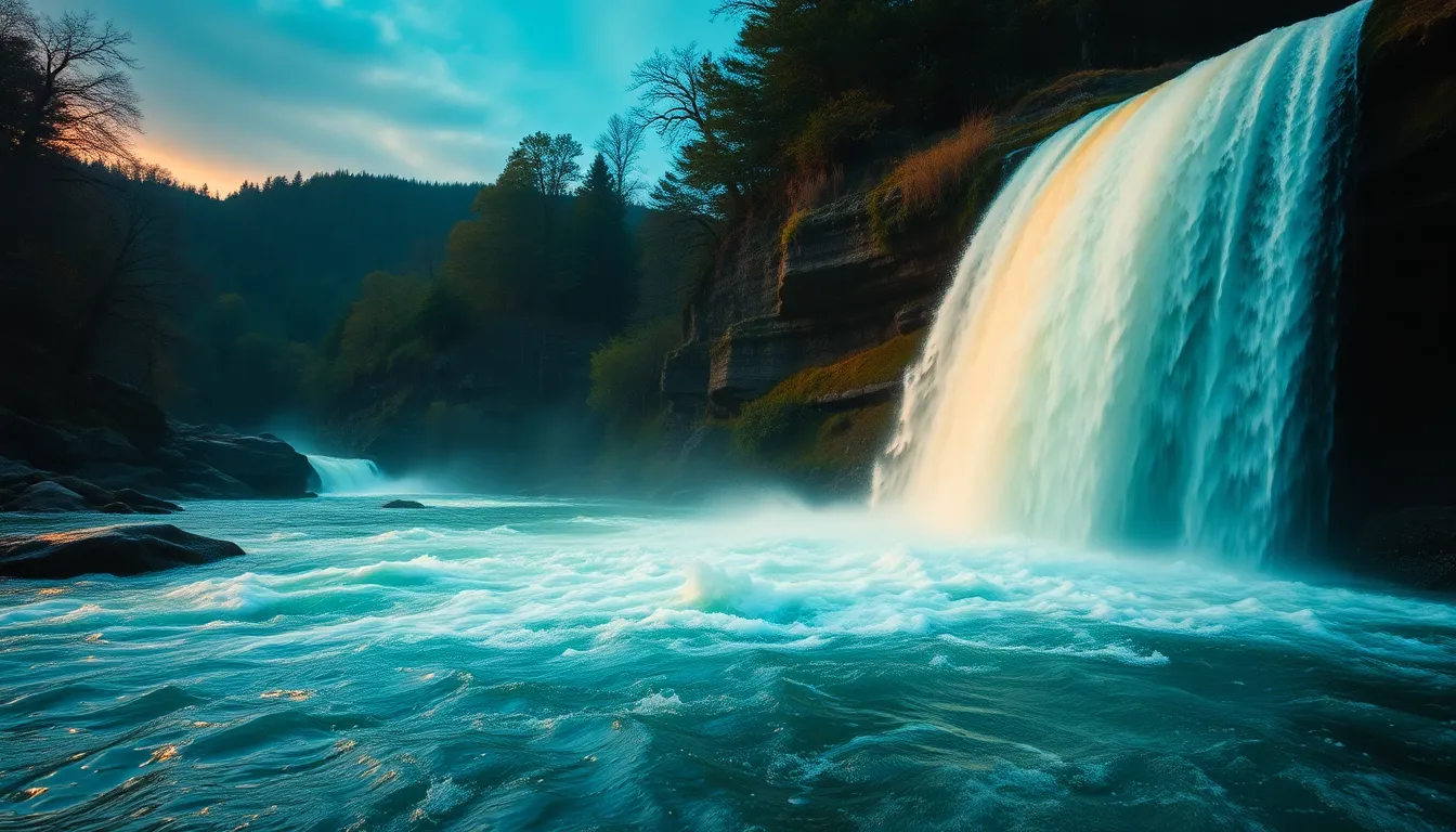This dynamic image captures the powerful rush of water as it cascades over a waterfall into a flowing river below. Shot at a Dutch angle, the composition creates a sense of movement and tension. The dramatic teal and orange color grading enhances the energy of the scene, while the balanced sharpness from foreground to background showcases the intricate details of the water's movement.