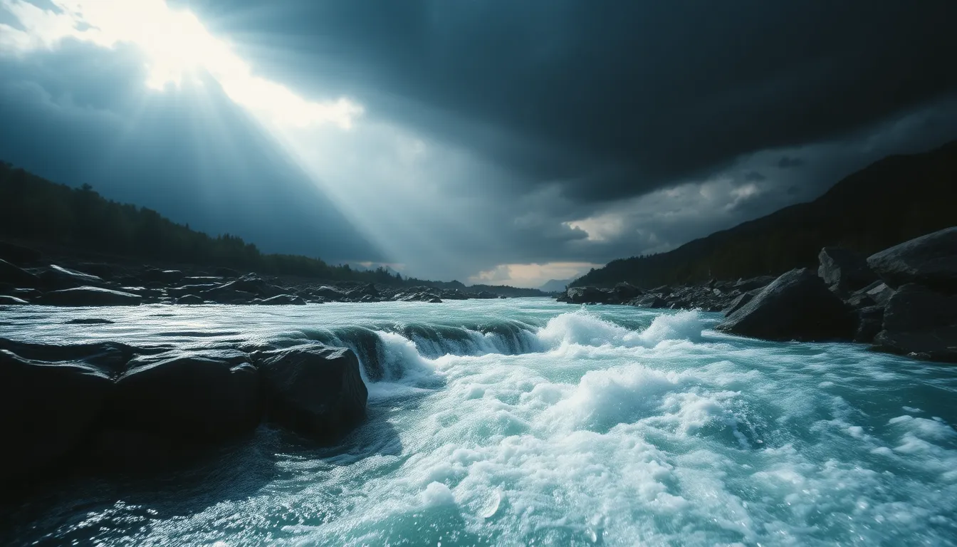 This striking image portrays the raw power of a river as it rushes beneath a dramatic, stormy sky. Strong contrasts highlight the tumultuous water, while shafts of light create a striking interplay with dark clouds. Selective focus on the river’s surface emphasizes its energy and movement, while textured rocks on the riverbank add depth. The cinematic color grading enhances the mood and dramatic tension, making it a compelling nature scene.