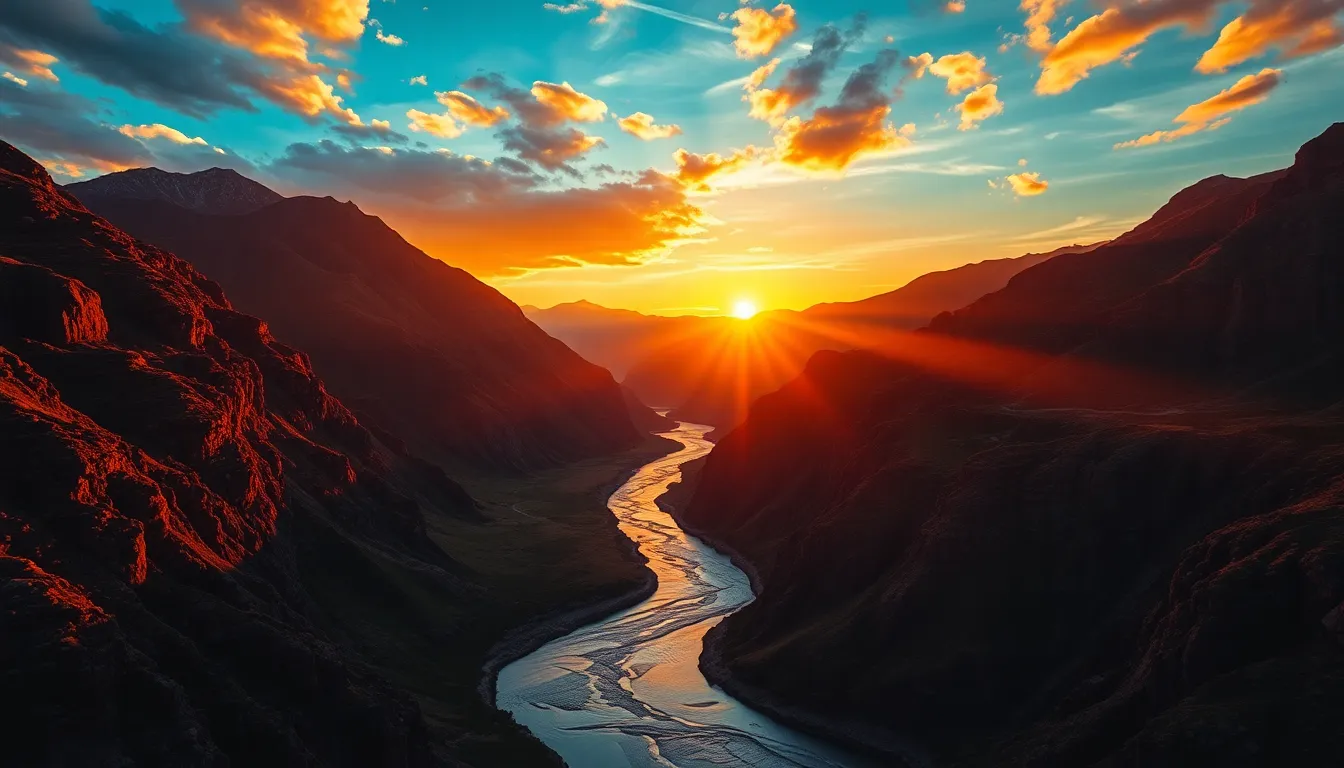 Majestic River and Mountains at Sunset