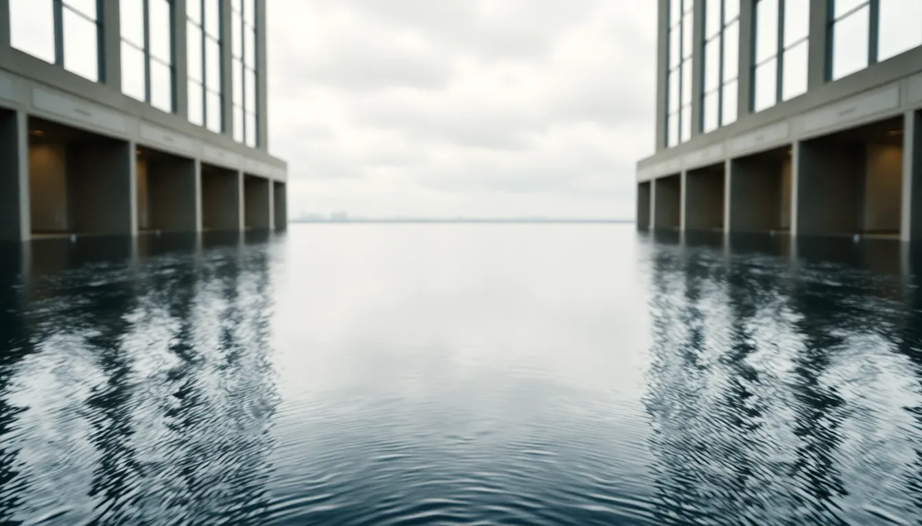 The image captures a serene river under an overcast sky, evoking a sense of calmness and introspection. The smooth water surface gently reflects the gray clouds above, creating a moody atmosphere. The shallow depth of field isolates the river while maintaining a crisp focus, highlighting the intricate ripples on the surface. This scene is a beautiful interpretation of nature's tranquility on a cloudy day.