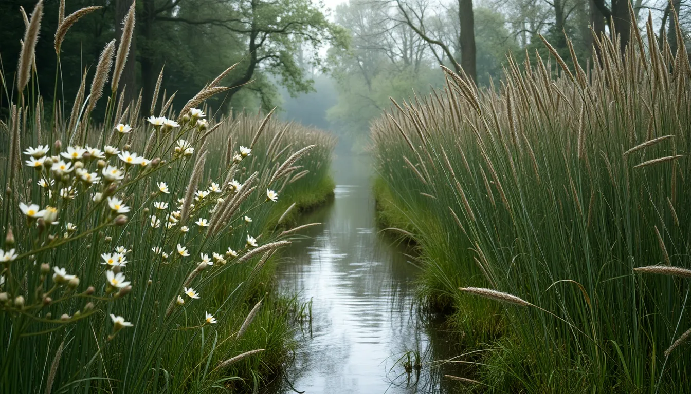 This image presents a peaceful scene of a narrow river bordered by tall reeds and wildflowers, bathed in soft overcast daylight. The crisp detail from the hyperfocal depth and the natural muted tones create an intimate atmosphere, emphasizing the gentle beauty of nature. With the river’s curve placed strategically in the composition, the viewer is led through the vibrant flora surrounding the serene water.