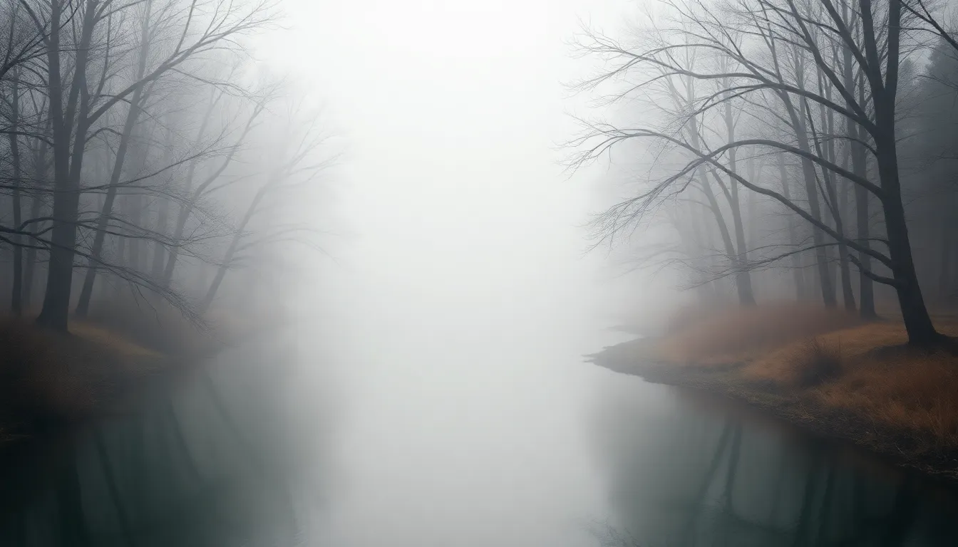 A serene riverscape captured during a misty morning, where soft light and fog create a dreamy ambiance. The trees flanking the river provide a natural frame, while the gentle water flow reflects the peacefulness of the setting. This image conveys a sense of stillness and quiet beauty, with muted colors enhancing the tranquil mood. An ideal escape into nature.
