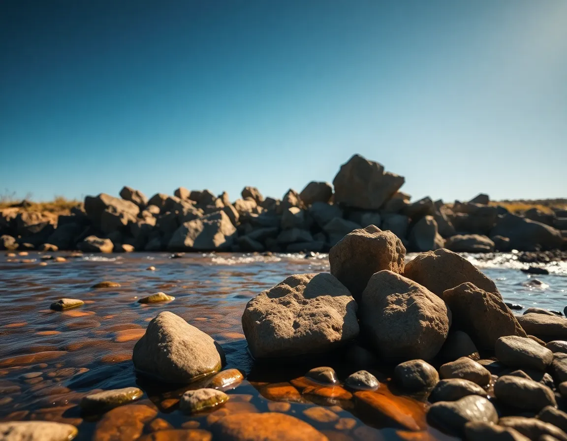 Gentle River Flowing Over Stones This image captures the gentle flow of a river as it weaves through a collection of smooth stones under a clear blue sky. The sharp focus on the rocks highlights their textures, while the soft ripples in the water create a peaceful atmosphere. Warm sunlight casts inviting shadows, enhancing the overall warmth of the scene. The centered composition draws attention to the serenity of the river, inviting viewers to relax and unwind.