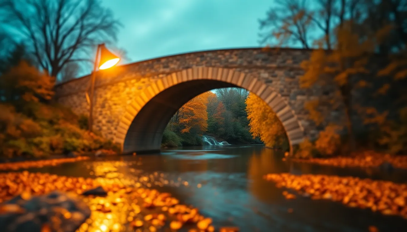 This stunning image captures an arched stone bridge gracefully spanning a gently flowing river. Surrounded by vivid autumn foliage, the colors reflect beautifully on the water, enhancing the scene's tranquility. The cinematic color grading adds depth to the composition, while the tilt-shift effect emphasizes the harmony between natural and manmade elements, inviting viewers to appreciate the peaceful coexistence.