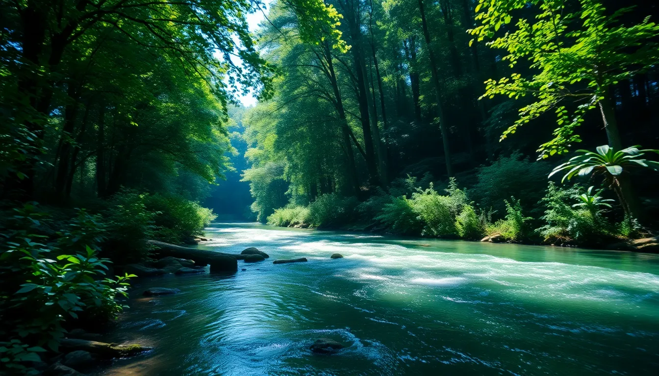 This image depicts a calm river reflecting the vibrant greens and blues of its surroundings, captured under dappled sunlight filtering through the trees. The selective focus emphasizes the river's edge, where light dances on the water's surface. The rich colors and symmetrical composition create a visually striking moment in nature, inviting viewers to appreciate the tranquility.
