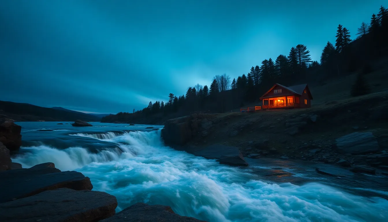 This dramatic twilight scene captures a powerful river cascading over rugged rocks, framed against a striking gradient of deep blue to black skies. The hyperfocal depth of field keeps every detail in sharp focus, presenting the glistening stones and flowing water. Enhanced with cinematic color grading, the contrasting warm and cool tones create a dynamic visual experience. The river's curve invites the viewer's eye towards the horizon.