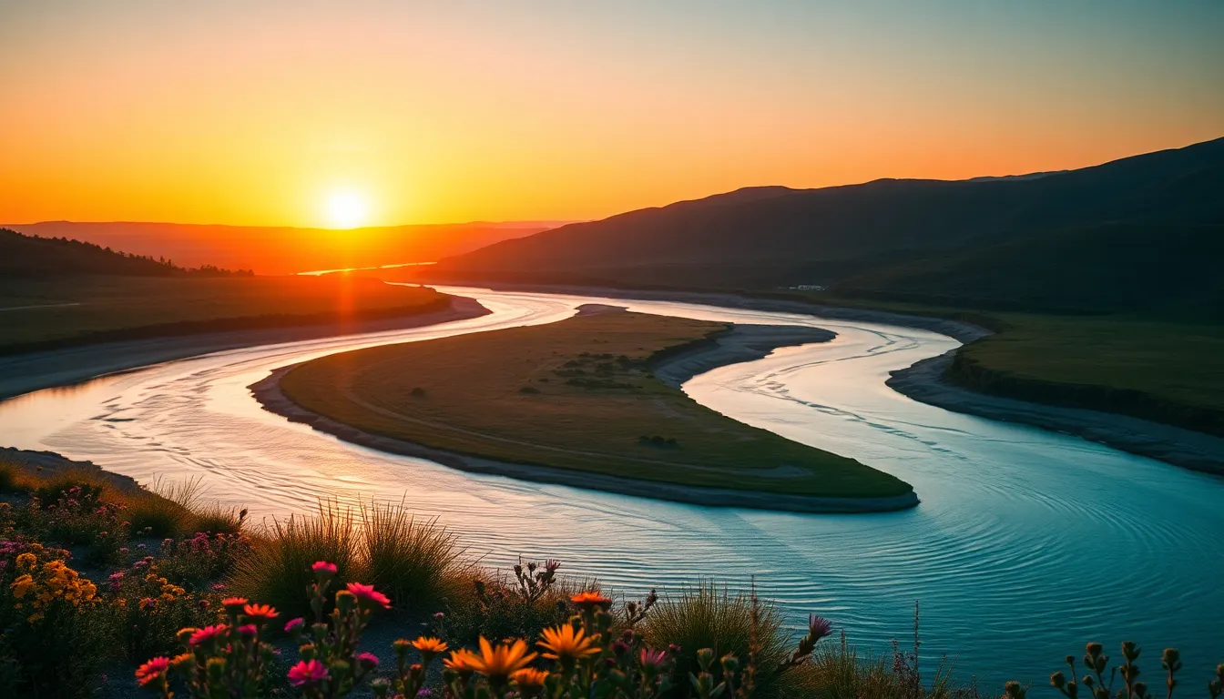 This stunning photograph captures a winding river during sunset, where vibrant golden hour light creates a mesmerizing interplay of colors reflected on the water's surface. The foreground blooms with colorful wildflowers, contrasting beautifully against the tranquil river. The warm rim light frames the scene, enhancing the serene atmosphere. This image showcases nature’s beauty and the dynamic colors of dusk.
